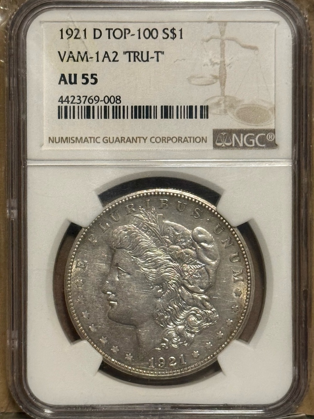 1921 D Morgan Silver Dollar • Top 100 VAM 1A2 Tru_t Variety • Graded NGC AU55